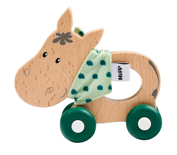Eichhorn - Baby Hipp Collection - Sliding Donkey with Fabric, Silent Silicone Wheels, 12 cm Long, 100% FSC Certified Beech Wood, Suitable for Children from 1 Year