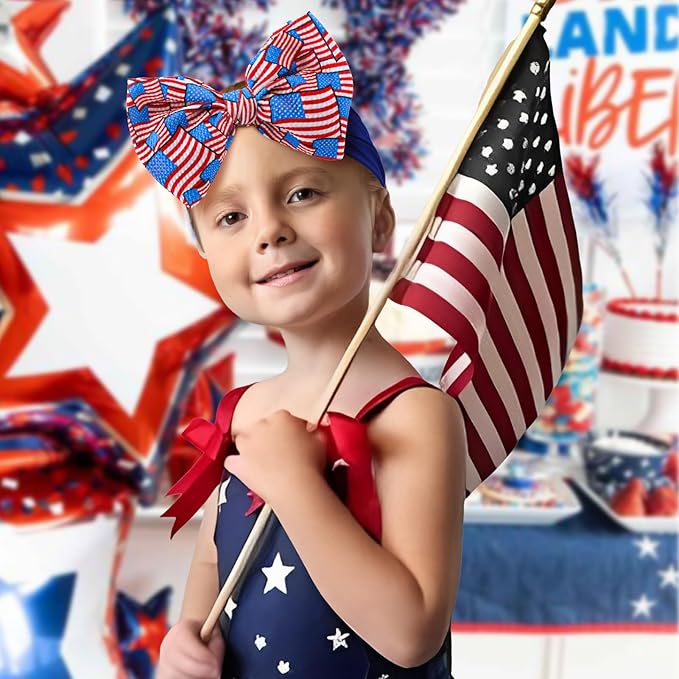 Hairband, 4th of July Baby Headband, American Flag Bow, Patriotic Headband, Red Blue White, Newborn Bows Infant Headband for Baby Girl, Toddler Headbands, 2 Count