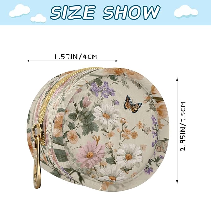 Pacifier Holder with Clip Pacifier Case for Diaper Bag Round Baby Pacifier Pouch Box Bag Portable Beige Flowers and Butterflies Spring