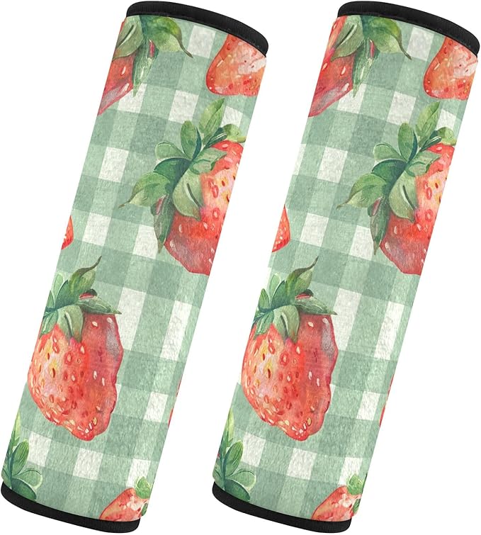 Cute Strawberry on Green Plaids Seat Belt Cover Pack of 2 Car Seat Belt Cushion Soft Seat Belt Shoulder Pad Protect Your Neck and Shoulder