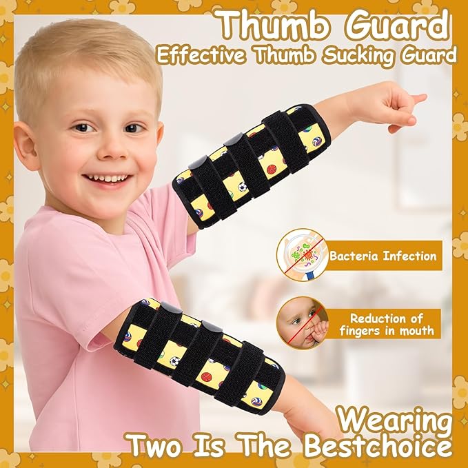 2 PCS Thumb Sucking Deterrent, Yellow Balls Thumb Guard for Kids Toddlers Nail Biting Treatment, Anti Nose Picking, Scratching Face, Elbow Immobilizer for Boys Girls, Finger Sucking Prevention