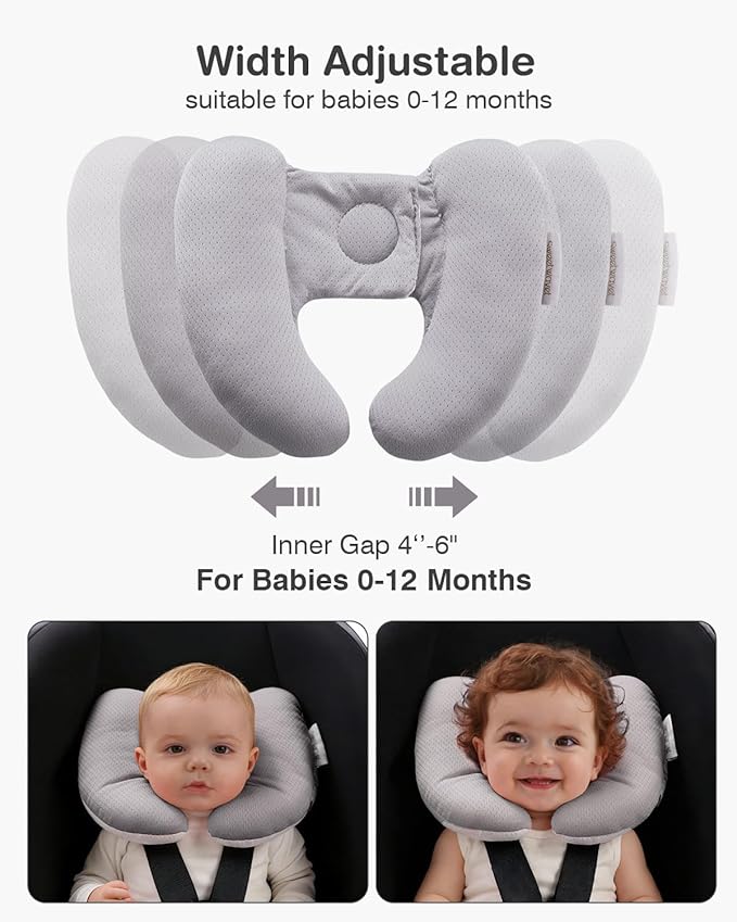 Baby Neck Pillow for Car Seat and Stroller, Adjustable Baby Head Support Pillow for Travel, Soft and Cushiony Torticollis Pillows for Infant and Newborn (Gray)