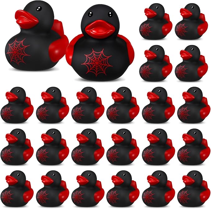 Leyndo 24 Pcs Spiderweb Rubber Duck Bulk Spiderweb Birthday Party Decoration Favors Squeaky Red Black Rubber Duck for Bathtub Floating Pool Gifts Party Supplies