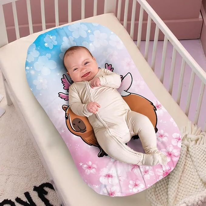 Capybara Axolotl Baby Lounger Cover for Boys Girls, Cherry Blossoms Newborn Infant Lounger Covers 31.5'' x 21.3'' Soft and Breathable Nest Replacement Slipcover