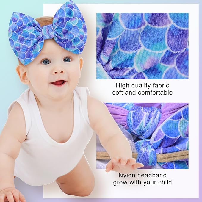 4.5'' Baby Bows Handmade Headbands 6'' Printed Tied Bow Elastic Nylon Hair Accessories for Baby Girls Newborn Infant 2 Pcs mermaid