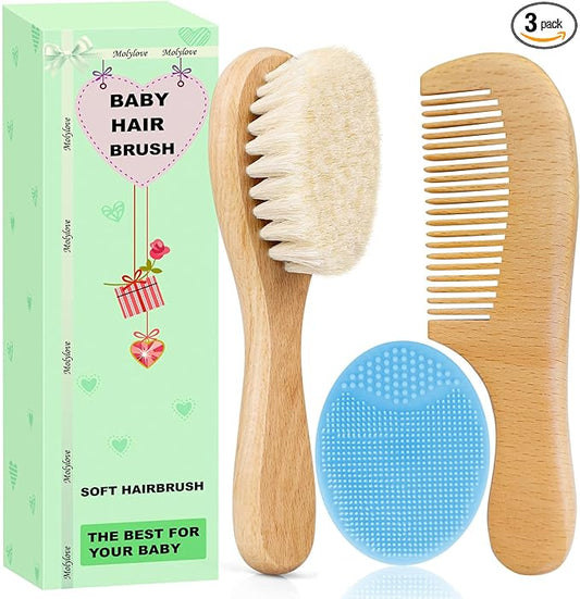 Baby Hair Brush with Wooden Handle and Comb Set for Newborns & Toddlers | Natural Soft Goat Bristles l Wood Comb l Blue Cradle Cap Brush| Ideal for Cradle Cap (3 Piece)