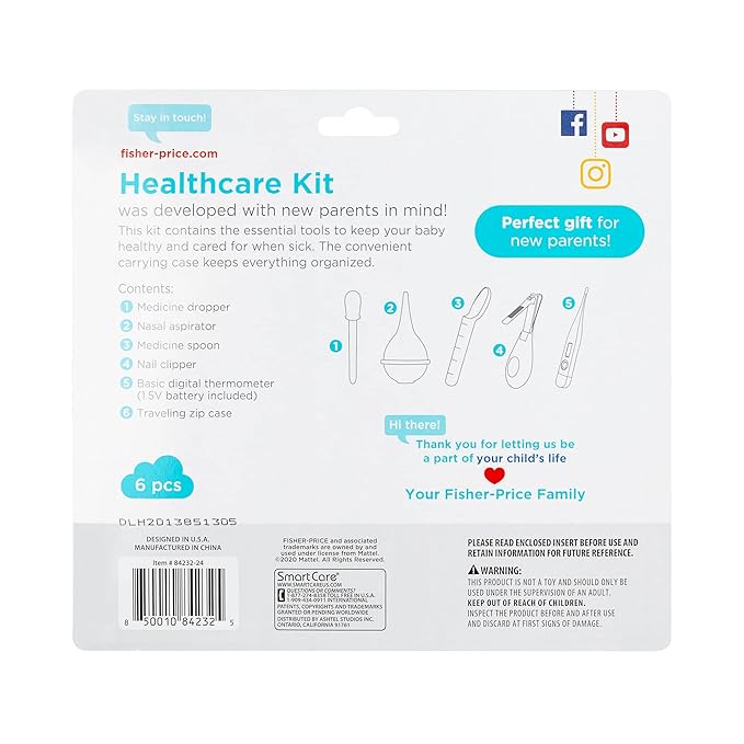 Smart Care Fisher-Price 6-Piece Baby Healthcare Kit, Newborn Essentials, Baby Gift Set, Includes Medicine Dispensers, Aspirator, Baby Nail Clippers, Baby Thermometer