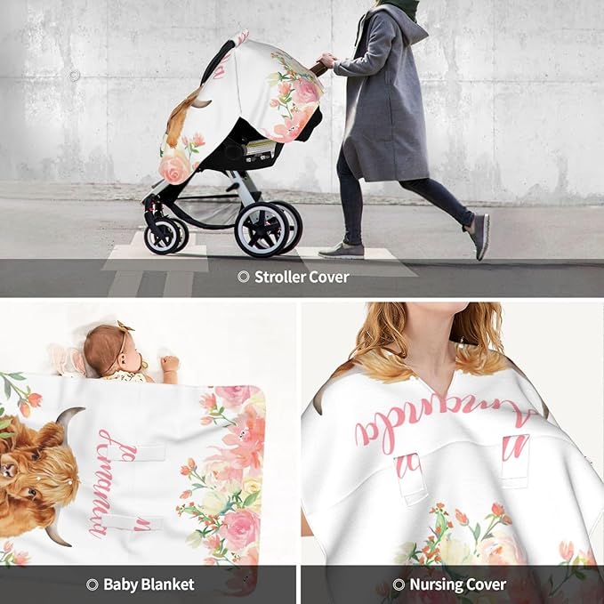 Personalized Baby Car Seat Canopy for Babies with Name, Custom High Land Cow Stroller Car Seat Covers for Girls, Minky Nursing Carseat Cover for Breastfeeding, Car Seat Canopies for Newborn