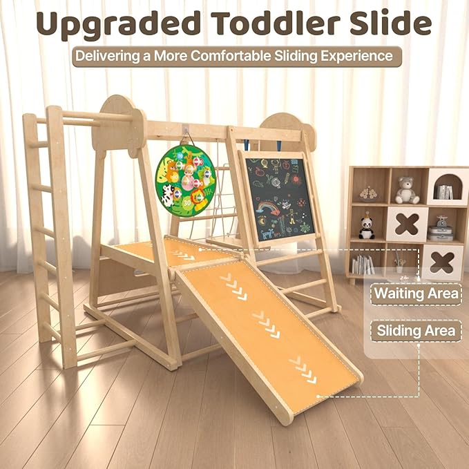 9-in-1 Indoor Jungle Gym, Montessori Indoor Playground for Toddlers,Wooden Climber Set with Swing, Slide, Monkey Bars, Climbing Neting, Upright Ladder, Climbing Ladder, Rings, Black Board, Dart Board