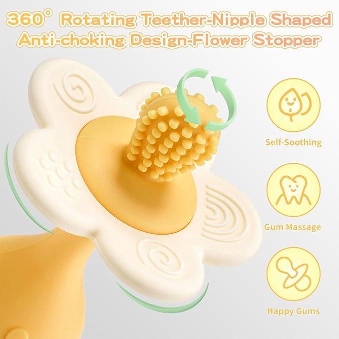 Baby Silicone Flower Teether & Rattle Toys for Babies 0-24 Months, Nipple-Shaped End for Sucking Needs - 360° Toothbrush Teether Head for Sore Gums, Stand-up Base, Flower Texture, Easy to Grip -Yellow
