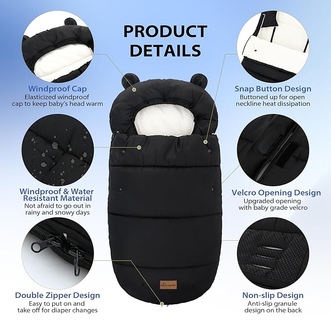 Universal Footmuff for Stroller, Baby Bunting Bags, Winter Windproof Warm Pram Footmuffs, Water Resistant Sleeping Bag with Hood for Strollers, Pushchairs, Prams, Car Seat, 35.4"*20.5"(Pure Black)