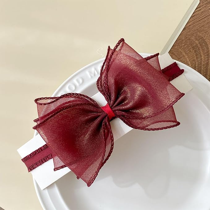 Cute Lace Bow Baby Girls Headbands Large Knot Hair Band Soft Chiffon Hairband Elastic Shower Hair Accessories for Newborn Infant Toddler Kids (Red A, Elastic)
