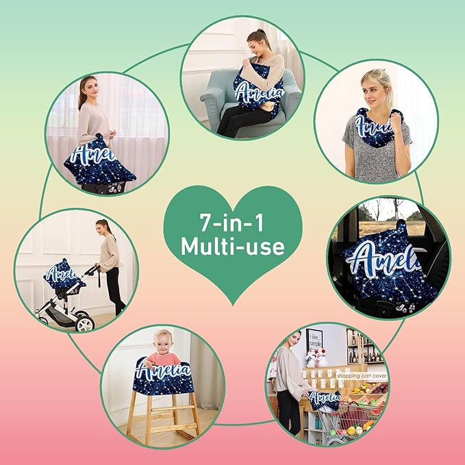 Personalised Car Seat Cover for Girls and Boys - 7 in 1 Multipurpose Blue Print Breast Feeding Cover, Nursing Cover, Grocery Cart Cover - Birthday Gift for Babies