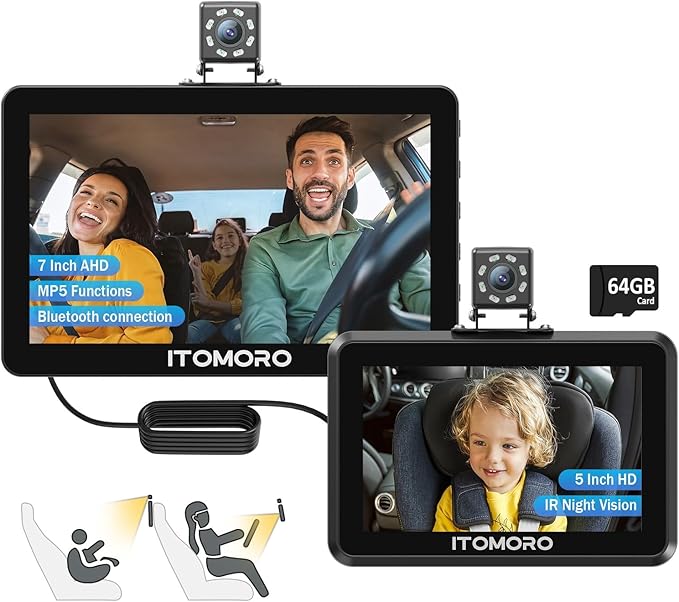 Itomoro Baby Car Camera, 5"+7" 1080P Dual Screen Car Baby Camera with Two-Way Video, Music & Video Play Supported, Night Vision & 150° Wide View Baby Monitor for Car Backseat with 64GB Storage-ACZ419