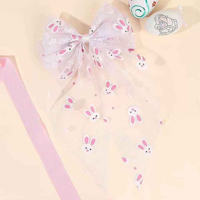 Easter Bunny Hair Bow for Women Girls Toddlers - 13 Inch Large White Tulle Bow Hair Clip with Cute Bunny Pattern, Spring Easter Hair Accessories Rabbit Hairpins for Easter Outfits, Birthday Gifts