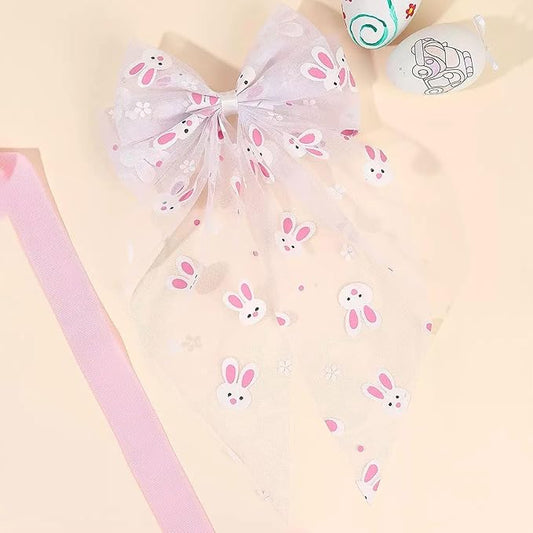 Easter Bunny Hair Bow for Women Girls Toddlers - 13 Inch Large White Tulle Bow Hair Clip with Cute Bunny Pattern, Spring Easter Hair Accessories Rabbit Hairpins for Easter Outfits, Birthday Gifts