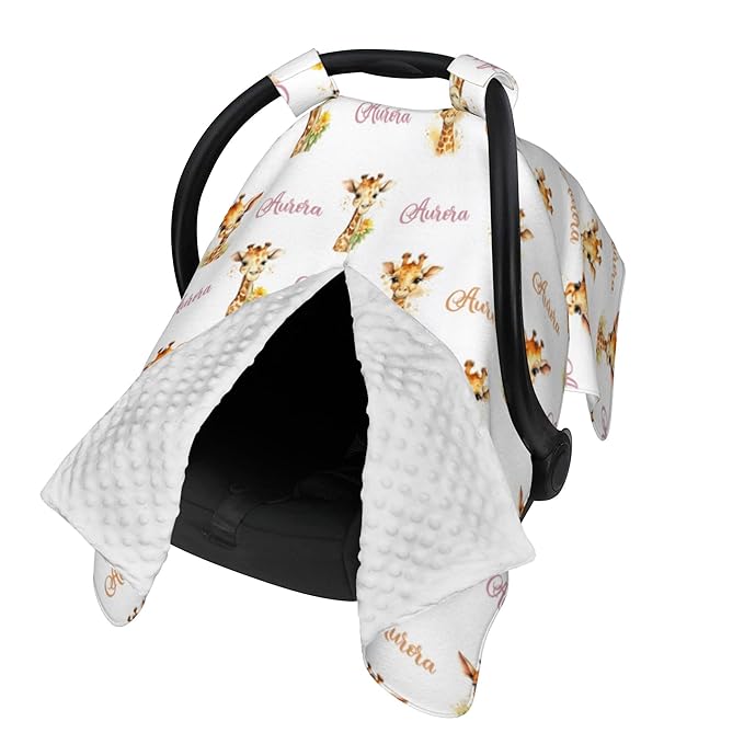 Personalized Baby Car Seat Canopy Minky Giraffe Baby Blanket Custom Name Baby Car Seat Cover Girls Boys Infant Newborn Carseat Canopy Nursing Cover for Stroller Car Seat Canopies