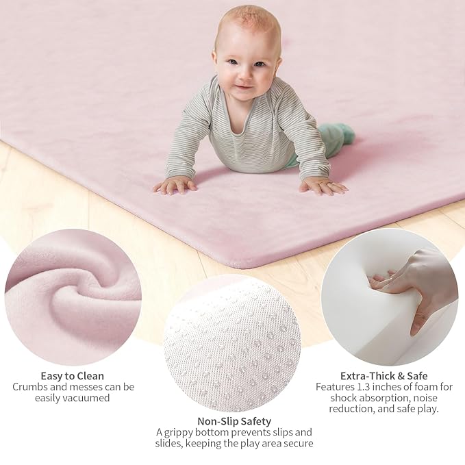 Velvet Baby Play Mat for Floor, 1.3" Thick Elasti-Foam 50"×50" Playpen Mat with Removable & Washable Velvet Cover for Toddler, Infant,Kids, Non-Slip Crawling Mat for Tummy Time (Pink)