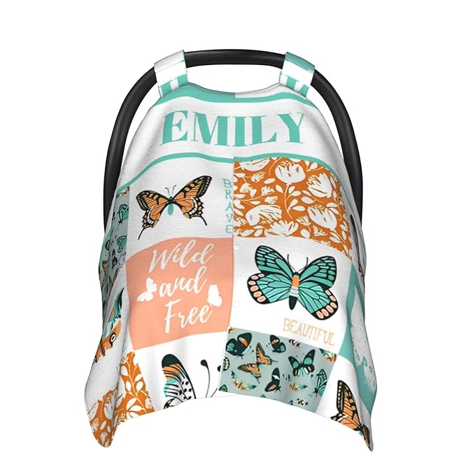 Personalized Minky Car Seat Canopy for Girl Boy, Custom Name Stroller Car Seat Covers Cover for Infant Newborn Shower Gift, Nursing Opening Carseat Cover for Breastfeeding, Beautiful Butterfly