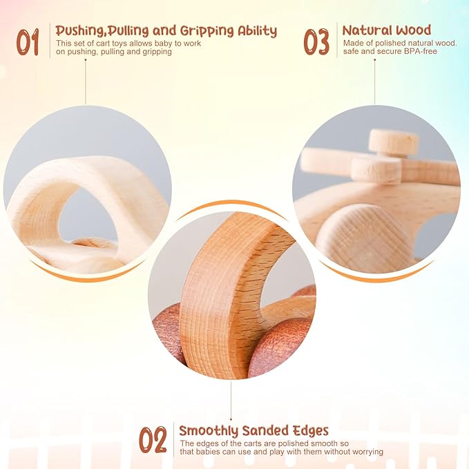 Wooden Baby Car and Airplane Toys,Wood Push Car for Toddler Montessori Baby Grip Toy Car,Gifts for Boys and Girls,Push and Pull Toy Car 3 Pieces