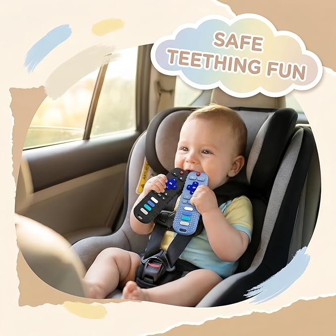 2Pcs Baby Teething Toys, BPA-Free Food Grade Silicone Baby Remote Control Teething Toy for 3-18 Months, Baby Remote Teether, Newborn Teething Relief TV Remote Shaped Toy (Black&Blue)