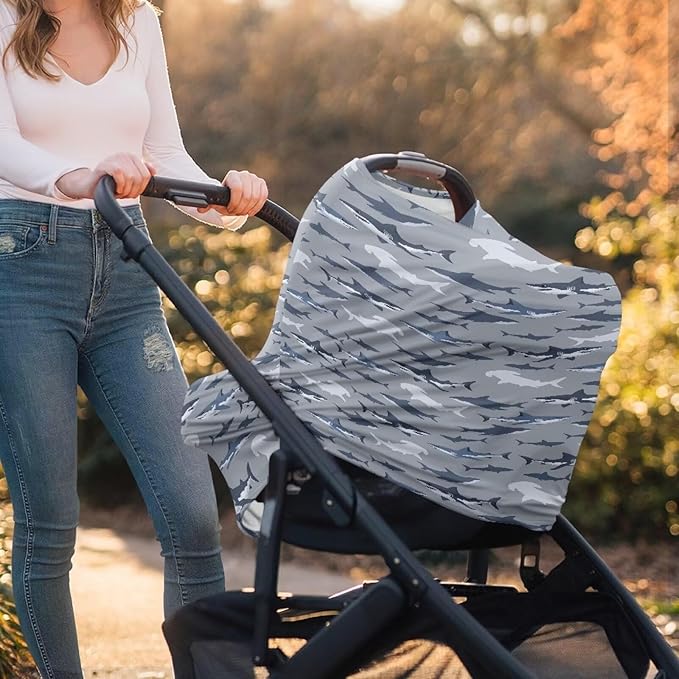 AFPANQZ Shark Stretchy Baby Car Seat Nursing Breastfeeding Cover Kit Super Breathable Multiuse Infant Carseat Canopy Stroller Cover Scarf for All Seasons Girl Boy Baby