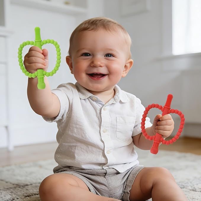 Fu Store Hollow Teether Tube 2 Pack Apple Shape Chew Straw Sensory Toy for Infant Toddlers Silicone Tubes Teething Toys for Babies 0-6 0-12 0-36 Months Gifts Teething Relief Soothing Gums (Red Green)