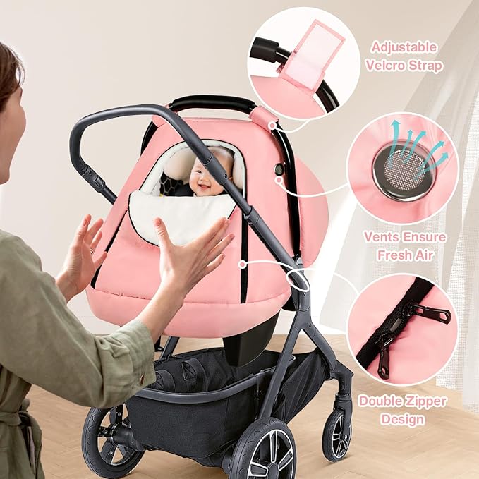 SWESEN Winter Car Seat Covers for Babies, Cozy & Warm Cover, Infant Car Seat Canopy Water Resistant, Universal Cold Weather Shield, Pink