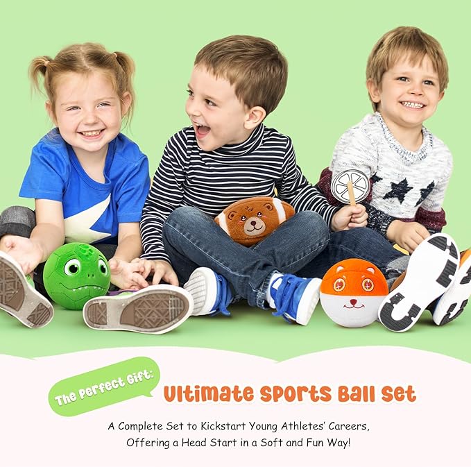 VangeBow 3 Pack Soft Sports Balls for Toddlers 1-3, Inflatable Plush Baby Balls Set for Kids 3-5, 5 Inch Soccer Ball & Basketball, 6.5 Inch Football, Mini Toddler Ball Toys for Boy Girl First Gifts