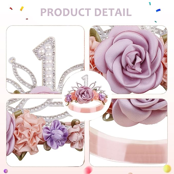 cherrboll Flower Headband Birthday Crown for Girl, Floral Nylon Hairband for 1-3 Years Old Toddler, First 1st Birthday Party Dress Photo Decoration Hair Accessory