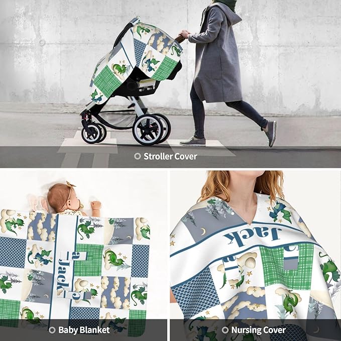 Personalized Baby Car Seat Canopy for Babies with Name, Custom Car Seat Covers for Boys Girls, Cute Dragon Green Nursing Breastfeeding Stroller Cover Infant Carseat Canopies for Newborn