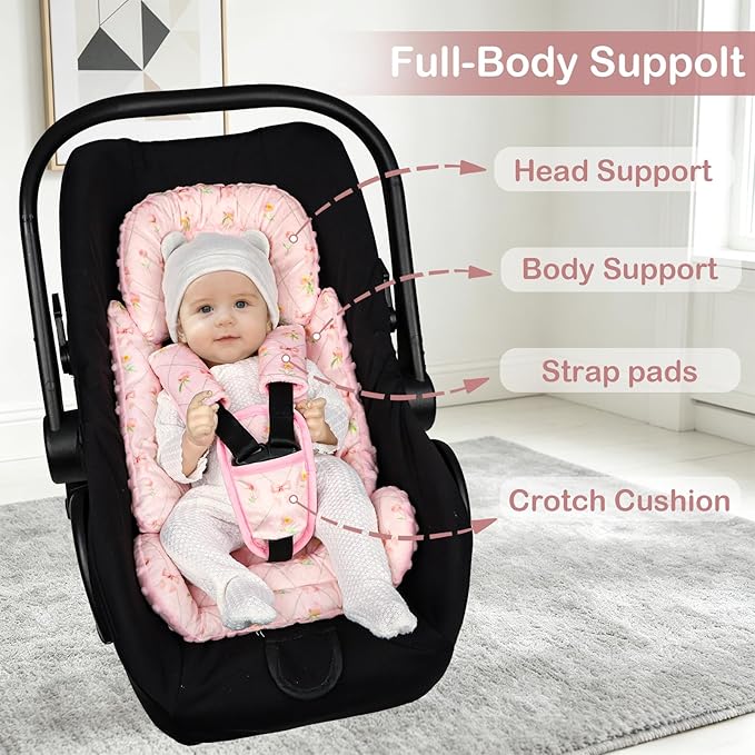 Infant Car Seat Insert with 3 Strap Covers, Soft Car Seat Head Support for Baby Girls, Plush Fabric Newborn Insert for carseat, Strollers, Swings, Bouncer, Flower Bow
