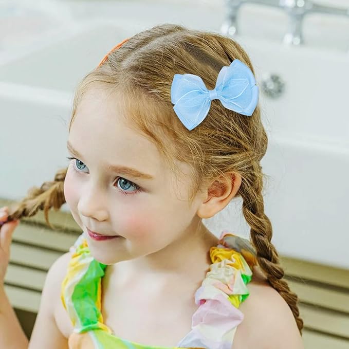 Tiny 3 Inch Organza Double Hair Bow Clips - Lined Boutique Alligator Hairpin for Baby Girls, Toddlers, and Little Teens - Kids Barrettes Set of 2 Small Stylish (Light Blue)