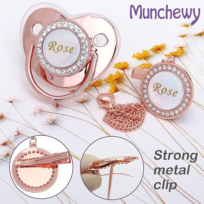 Personalized Pacifier with Name, Customized Pacifier Clip Set with Gift Box, Glitter Crystal Luxurious Soother Dummy Ideal Gift for Boys Girls Baby Shower(Gold)