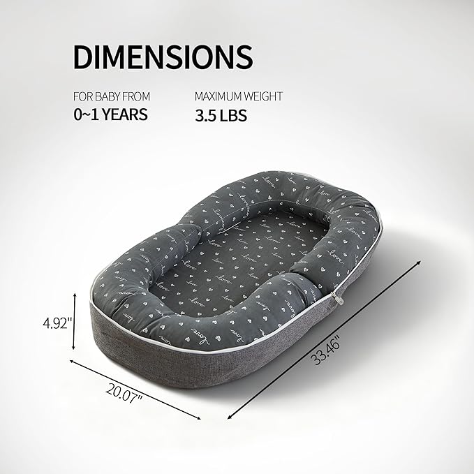 Baby Lounger for Newborn, 0-12 Months, Portable Infant Lounger Pillow with Adjustable Support, Soft Breathable Cover, Folds Into Backpack for Travel, Ideal for Home & Outdoor Use - Gray