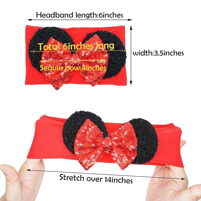 CellElection 6 Pack Mouse Ears Sequin Headbands 6Inch Large Big Sparkly Glitter Sequin Hair Bows Soft Nylon Hairbands Hair Accessories for Baby Girls Newborns Infants Toddlers Baby