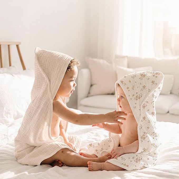 Konssy 2-Pack Muslin Hooded Baby Towels, 100% Cotton, Ultra-Soft & Absorbent Baby Bath Towels with Hood for Newborn & Infant (Cream, Blossom,32" x 32")