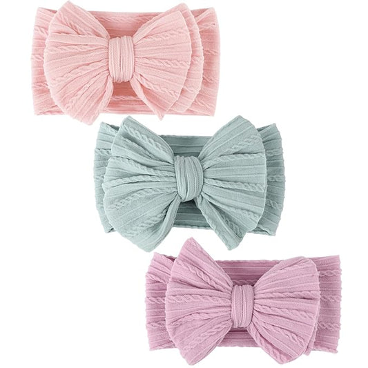 DRESHOW BQUBO Handmade Baby Headbands Soft & Stretchy Hair Bands with Bows Nylon Bows Hairbands for Girls Newborn Infant Toddlers Hair Accessories 3 pack