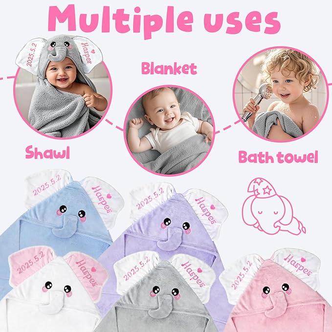 Custom Hooded Baby Towels with Name, Personalized Bunny Easter Gifts for Toddlers, Custom Baby Bath Towels for Newborn, Ultra Soft and Absorbent, Ideal for Girl Boy (Elephant)