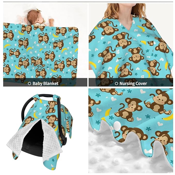 Monkey and Banana Baby Car Seat Canopy and Nursing Cover for Breastfeeding Multi-Use Cover Lightweight Infant Stretchy Carrier Cover for Newborn Girls Boys