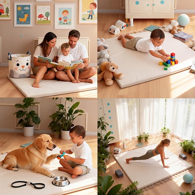 FONESO Baby Play Mat, 50"x50" Stylish Super Soft Vegan Leather Floor Mat for Infants and Toddlers, Cushioned & Waterproof Playpen Mat and Just Wipe-Clean Playmat for Baby Play on Floor (Army Green)
