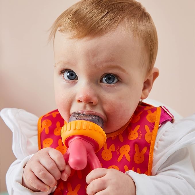 b.box Silicone Fresh Food Feeder | Ages 4 Months+ | Tripod Design Easy for Baby to Hold | Perfect for Fresh or Frozen Foods | Cap Included for On the Go | Dishwasher Safe (Strawberry Shake)