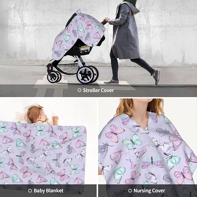Purple Butterflies Car Seat Covers Canopy for Babies, Soft Stroller Cover Nursing Cover Breastfeeding Baby Carrier Cover for Shower Gift Newborn Toddler