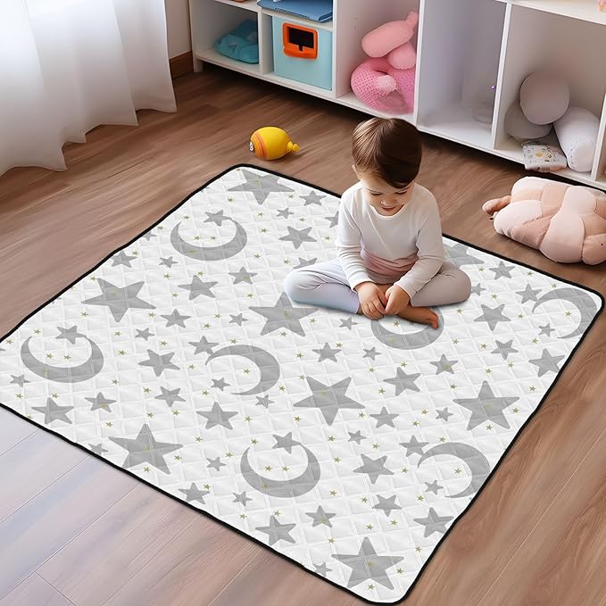 Baby Play Mat Stars Moon Pastel Grey 50 x 50 Playpen Mats for Floor Play Gym Crawling Mat Non-Slip Cushioned Baby Playmat for Infants, Babies, Toddlers