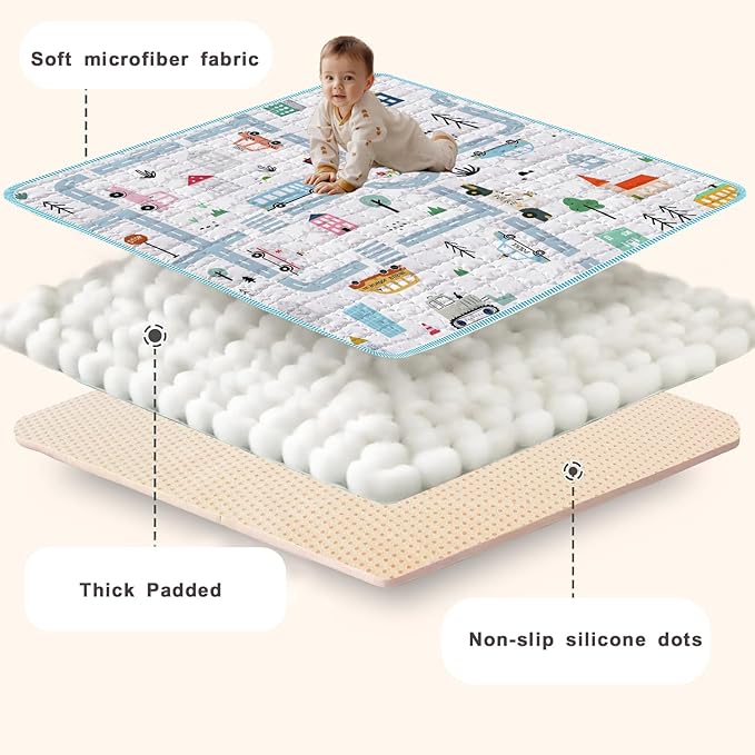 Baby Play Mats for Floor, 50X50 Playpen Mat, Thick Soft Car Play Mat Non-Slip Cushioned Crawling Mat Activity Playmats for Babies and Toddlers, Foldable & Machine Washable Playmat (City Car,50x50)