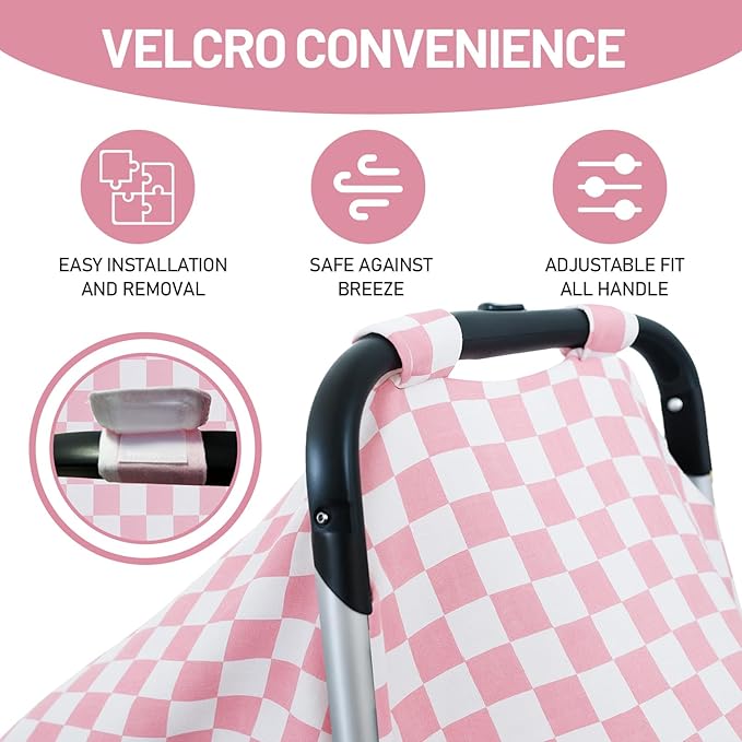 Muslin Car Seat Cover for Babies - Pink & White Plaid Infant Carrier Canopy, Soft & Breathable Baby Carseat Cover, Lightweight Sunshade for Summer, Universal Fit for Boys & Girls