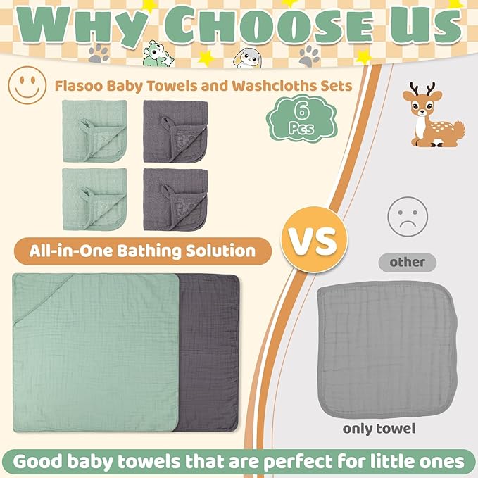 Flasoo 6 Pcs Muslin Hooded Baby Bath Towels Sets - 2 Pack 100% Cotton Baby Towel & 4 Pack Muslin Washclothes- 32x32Inch Baby Towels Cotton for Babies, Infants, Toddlers, 100% Cotton, Bath Essentials