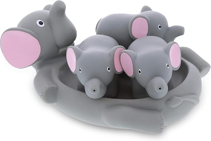 DolliBu Elephant Family Animal Bath Squirters 4 Piece Bath Toy Set, Children Bath Toys for Bathtime & Water Fun, Girls & Boys Floating Rubber Squirt Toys, Pool Toys for Kids - Gray Elephant