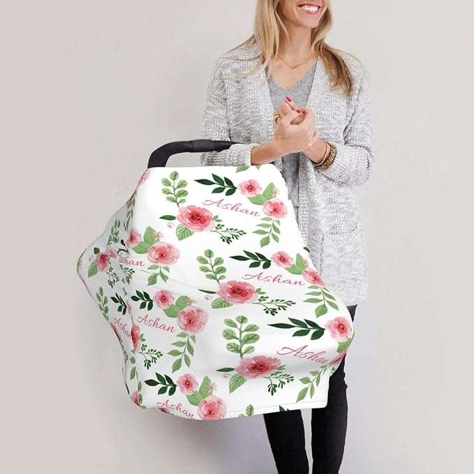 Personalized Baby Car Seat Cover for Girls, Custom Floral Nursing Covers for Breastfeeding with Name, Infant Stroller Cover, Baby Carseat Canopy for Newborn, Multiuse Car Seat Canopies