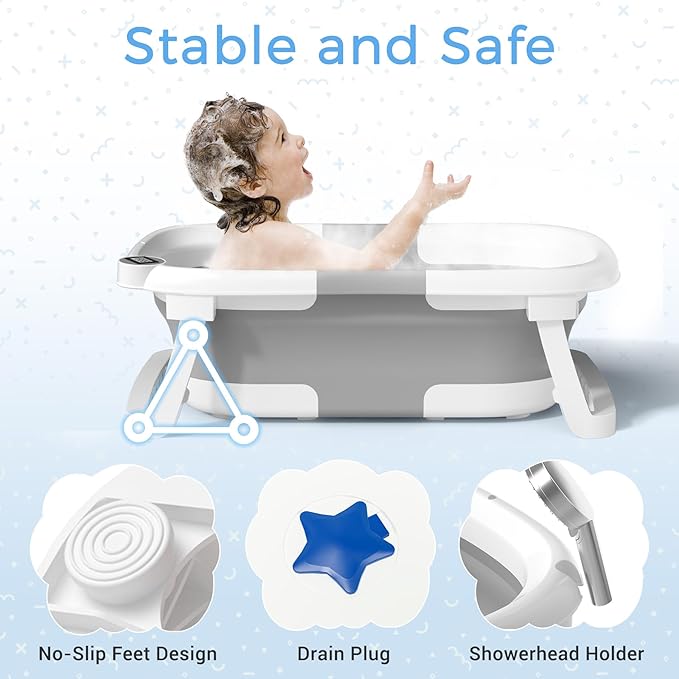BUNWAG Classic Baby Bathtub, Infant Bath Tub for Newborn to Toddler (0–12 Months),Collapsible Newborn Bathtub with Soft Cushion and Non-Slip Feet, Foldable Travel Bathtub for Easy Storage